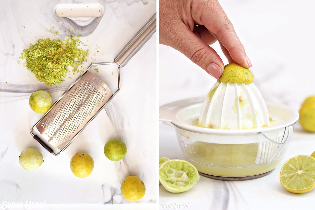 Two photo collage showing how to zest and juice key limes for key lime pie.