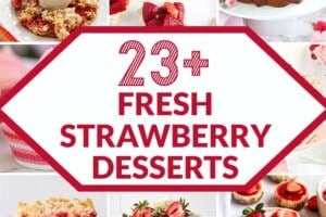 14 picture collage of strawberry dessert recipes with text overlay for Pinterest.