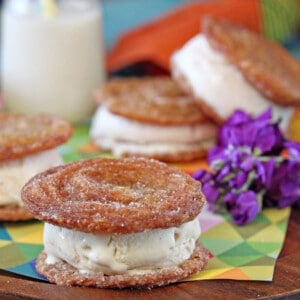 Close up of a Churro Ice Cream Sandwich on a brightly colored napkin next to purple stock.