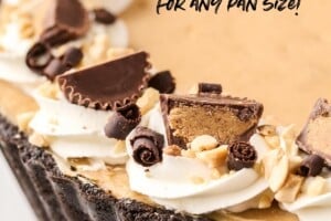 Single photo of Peanut Butter Pie with an Oreo Crust with text overlay for Pinterest.