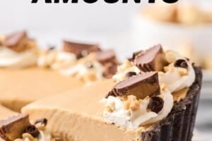 Single photo of peanut butter pie with an Oreo Crust with text overlay for Pinterest.