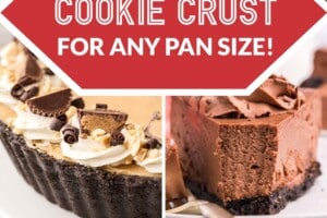 6 photo collage of desserts that use an Oreo Crust with text overlay for Pinterest.