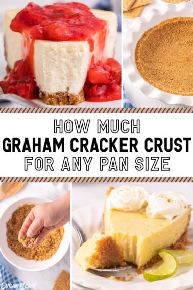 Four photo collage of assorted graham cracker crust desserts with explanatory text on top.
