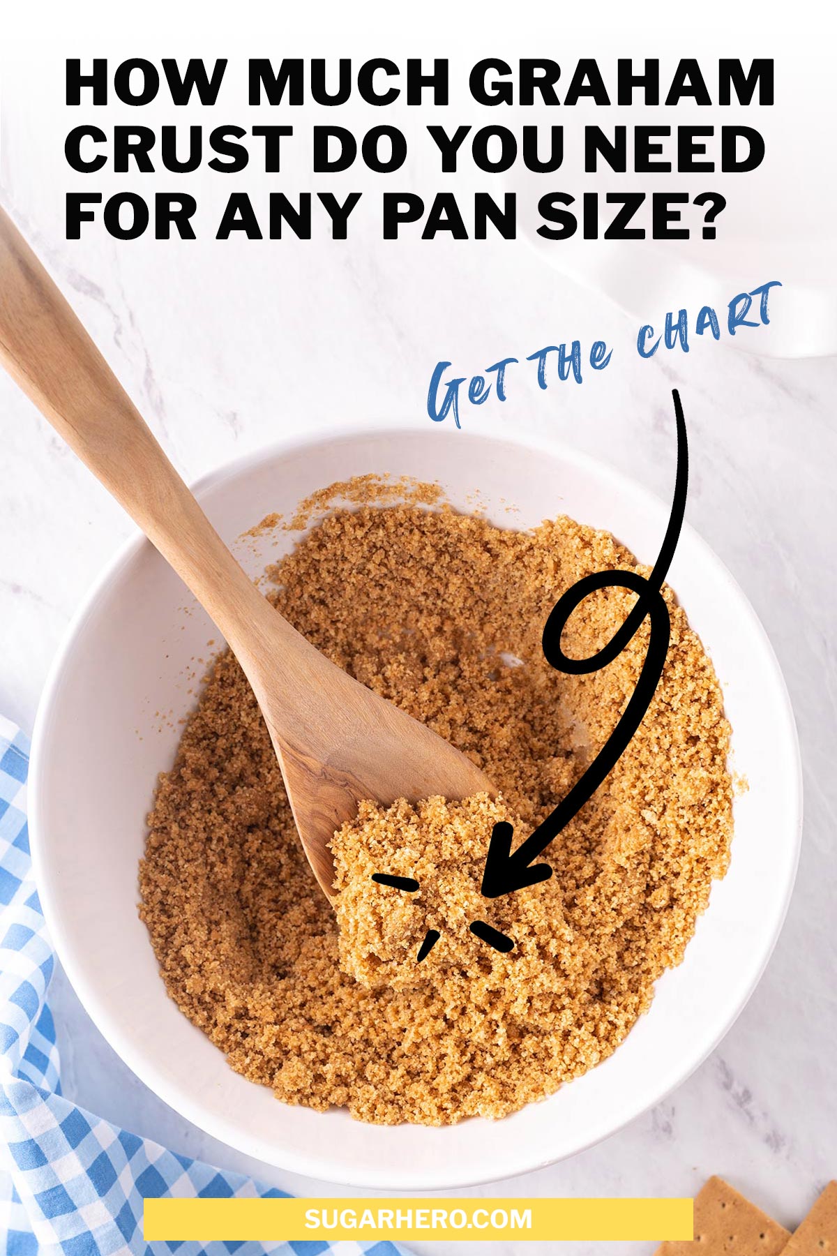Picture of a white bowl filled with graham cracker crust mixture, with text on top for Pinterest.