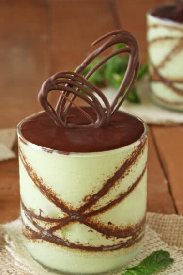 Close up of a Fresh Mint Semifreddo embellished with chocolate.