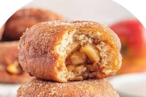 Picture of Apple Donuts, with text overlay for Pinterest.