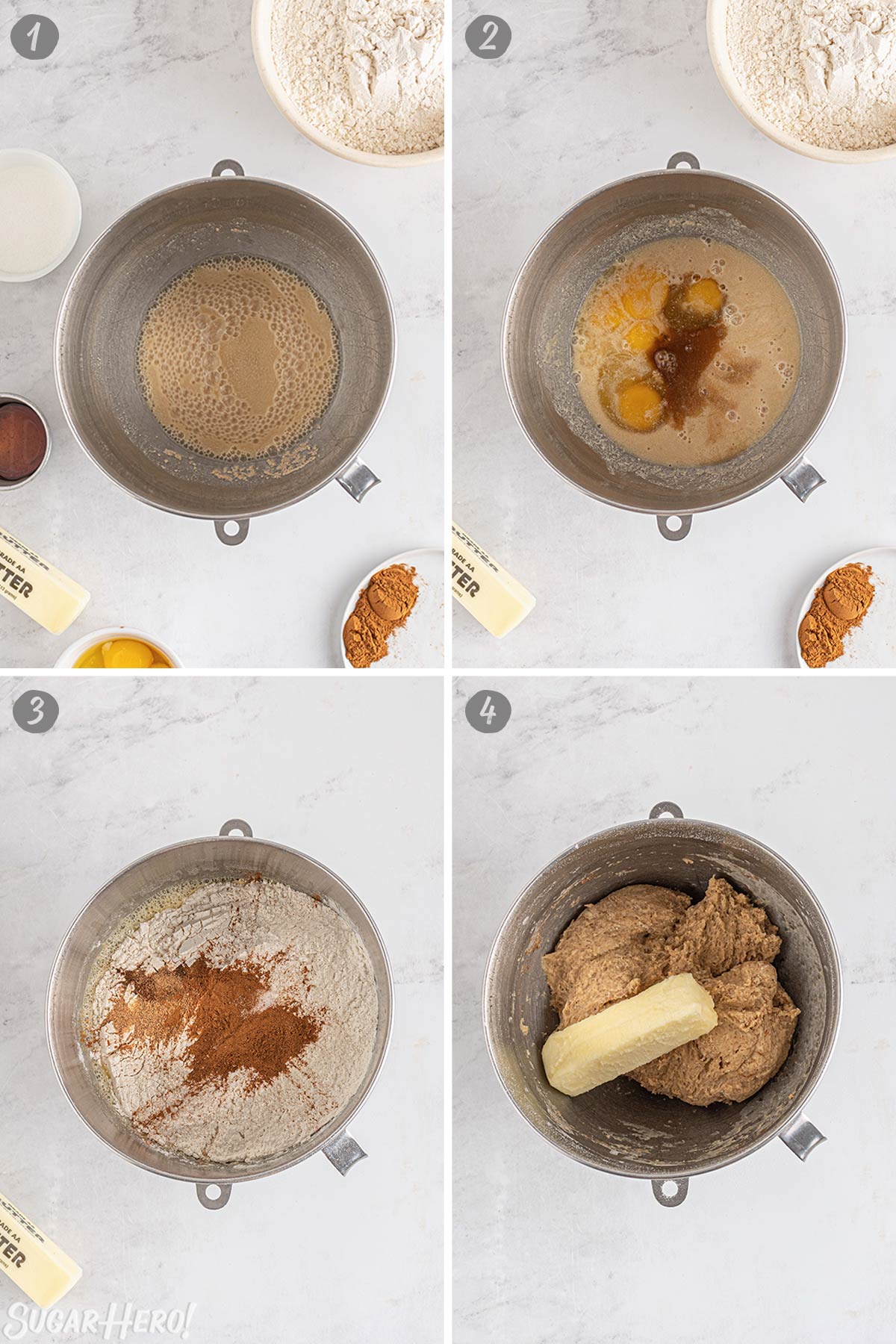Four photo collage showing how to make homemade donut dough for Apple-Filled Donuts.
