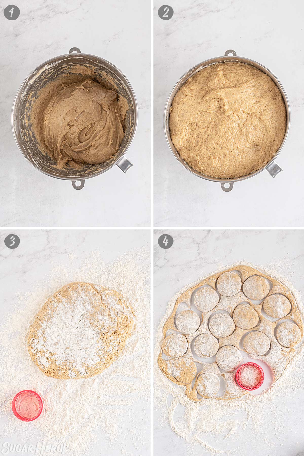 Four photo collage showing how to proof and roll out homemade doughnut dough.
