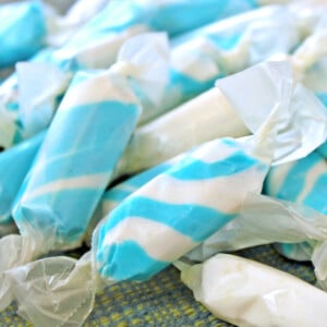 Close-up of blue and white striped saltwater taffy.