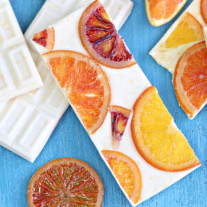 Close up of a Candied Orange White Chocolate Bar.