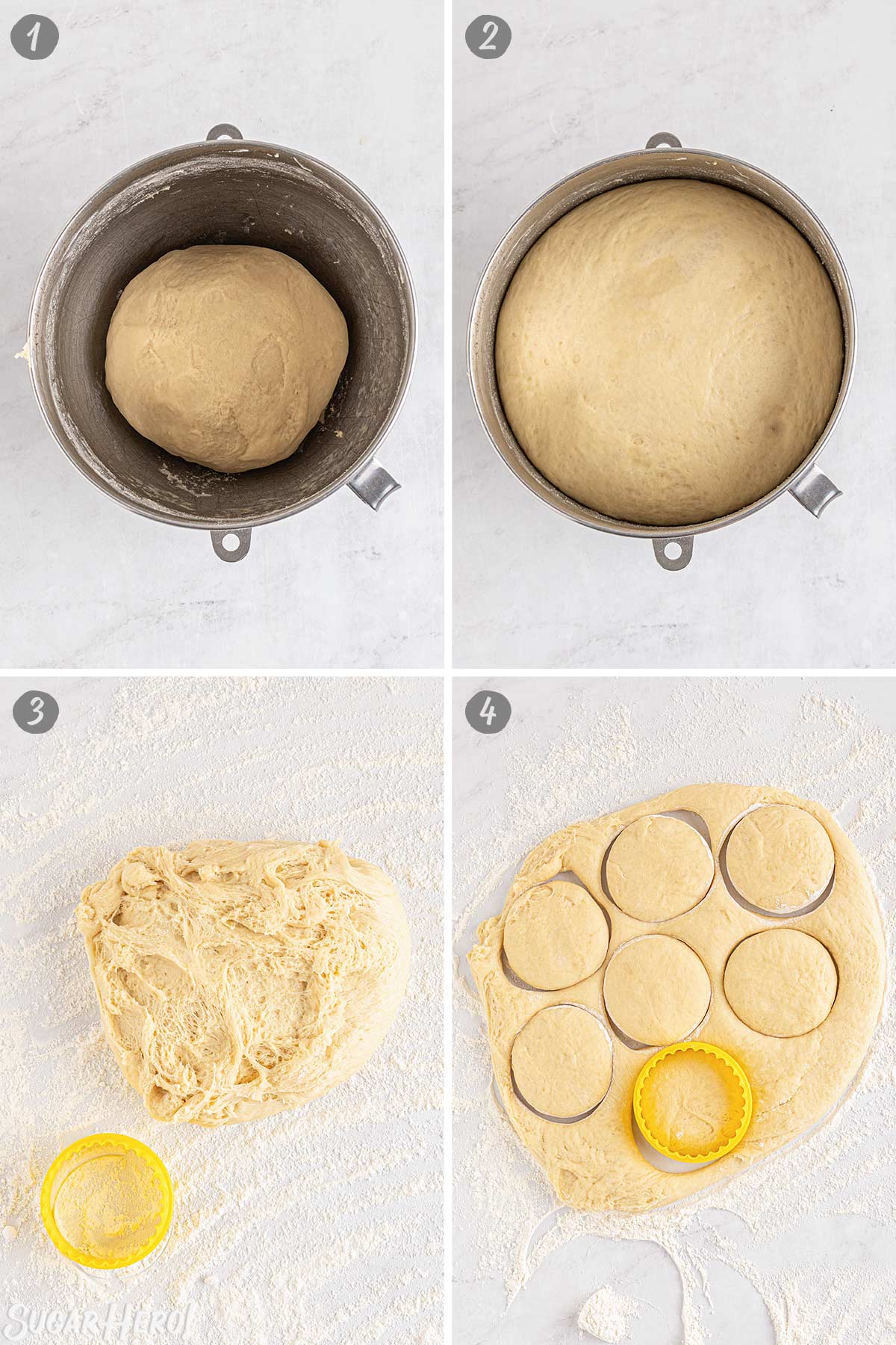 4 photo collage of preparing the dough for Pumpkin Cream Filled Donuts by allowing the dough to rise, rolling it out and cutting it.