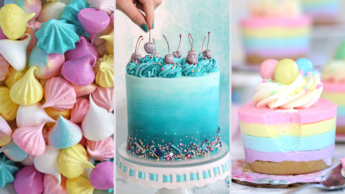 Three photo collage of colorful desserts.