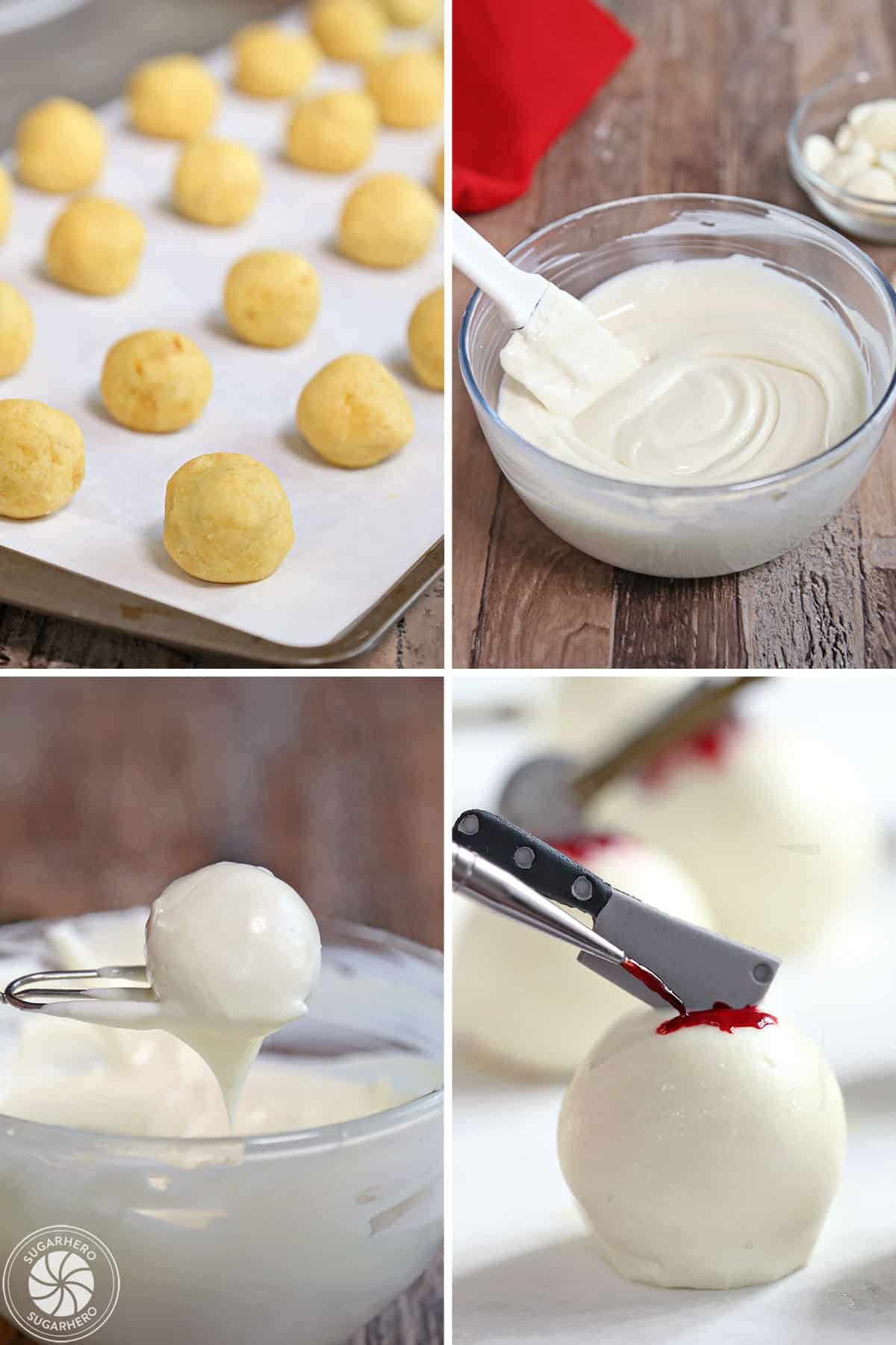 Four photo collage showing how to dip and decorate Halloween Cake Balls.