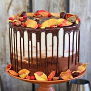 A Festive Fall Layer Cake on an orange cake stand.