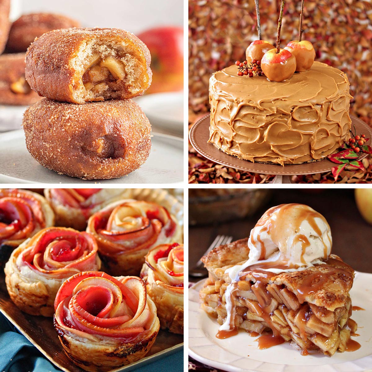 Four photo collage of different apple desserts.