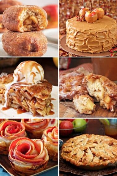 Six photo collage of different apple desserts.