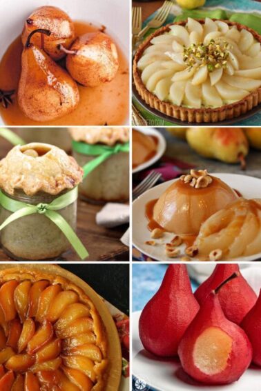 Six photo collage of different pear desserts.