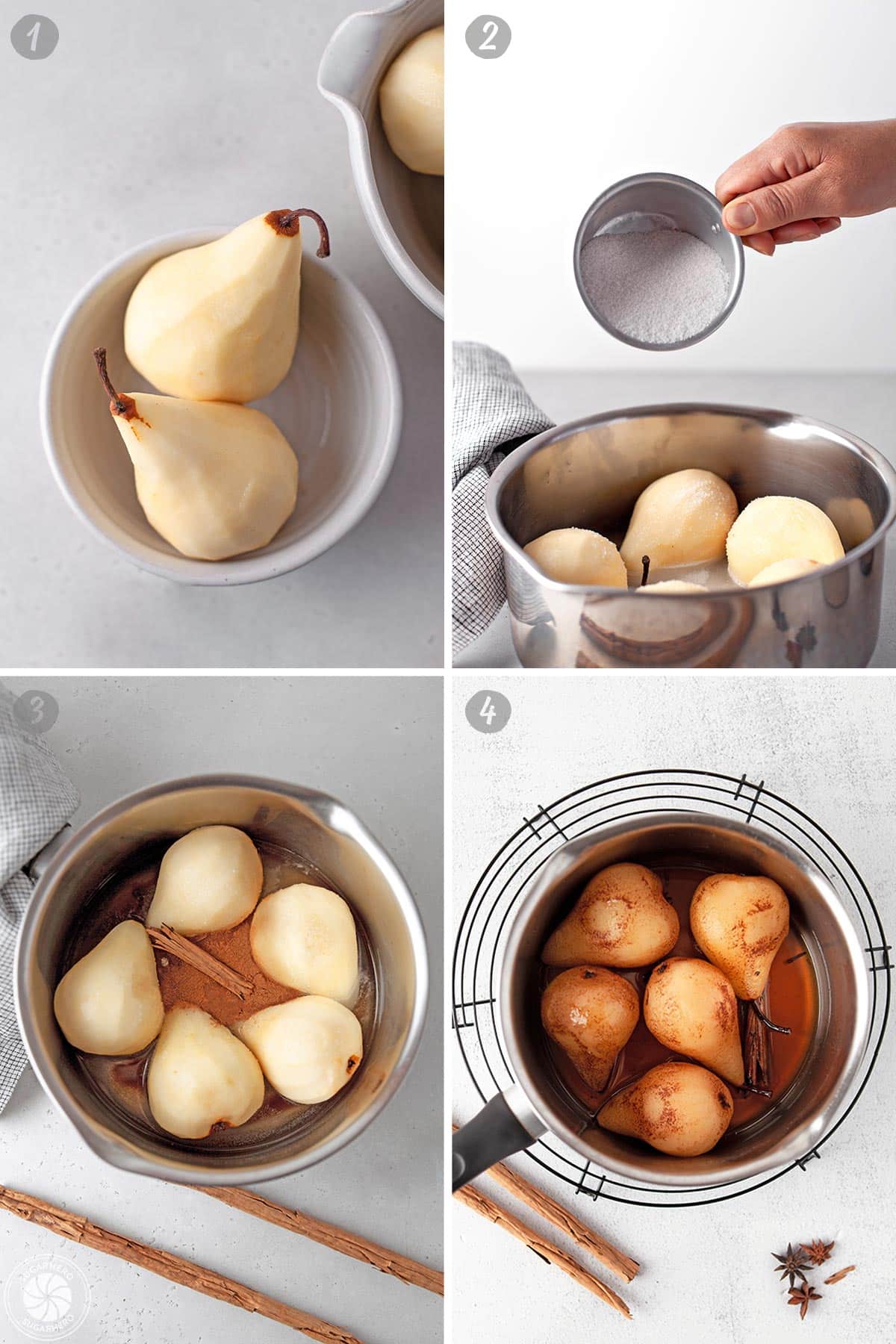 4 photo collage of how to make Poached Pears including peeling and cooking them.