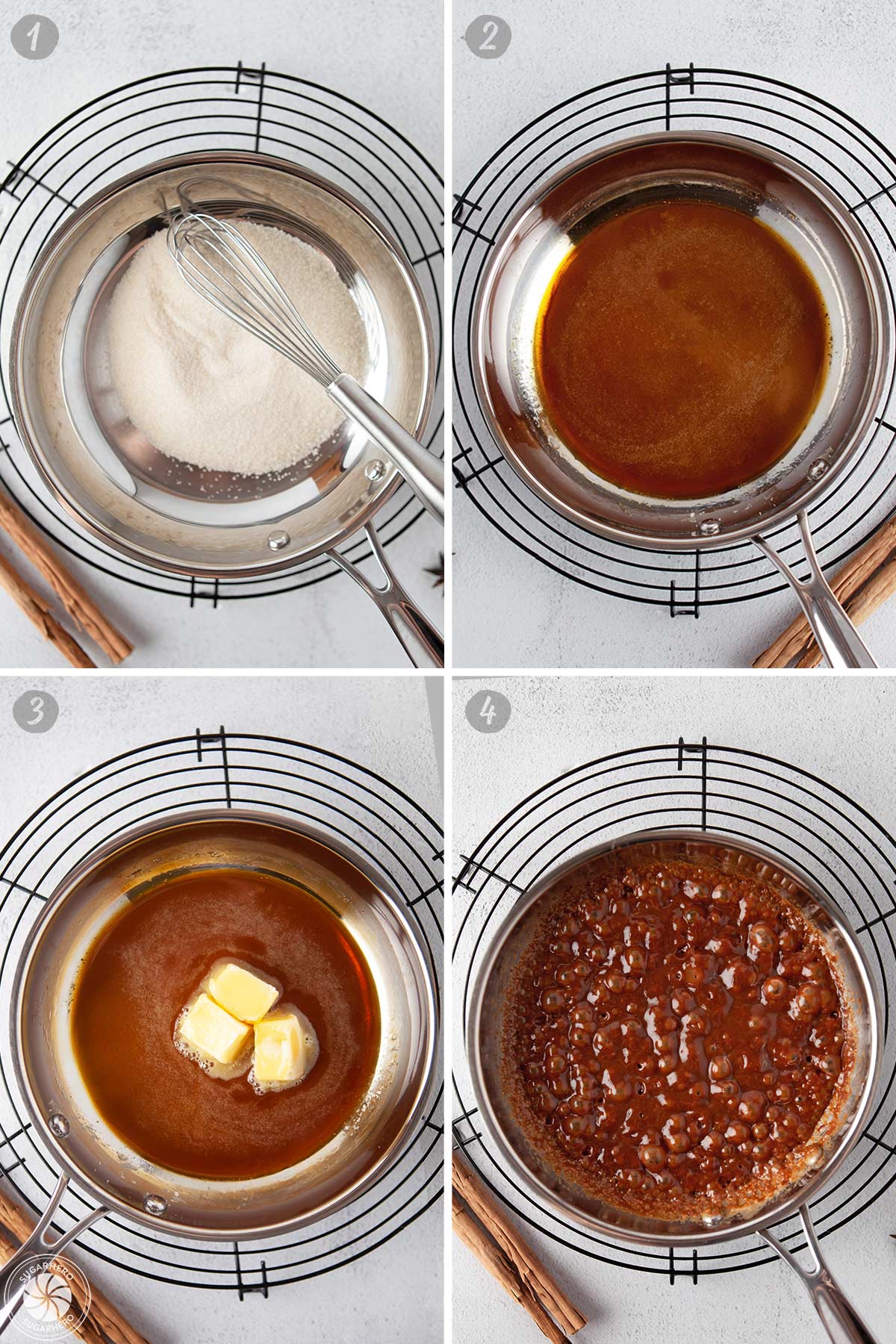 4 photo collage of how to make the sauce for Poached Pears including mixing sugar and butter to make caramel.
