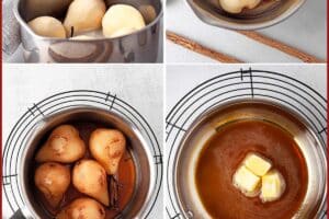 6 photo collage of how to make Poached Pears with text overlay for Pinterest.