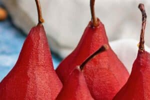 Red Wine Poached Pears with text overlay for Pinterest.