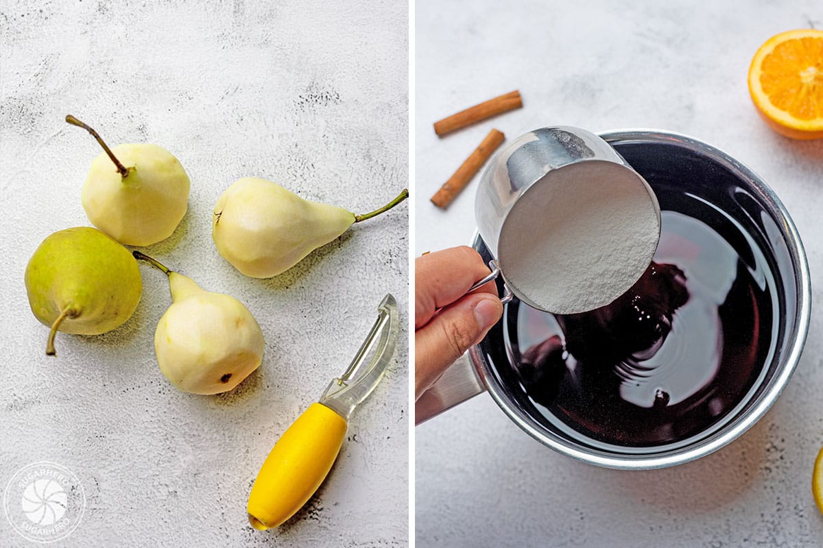 2 photo collage of how to make Red Wine Poached Pears including peeling the pears and making the sauce.