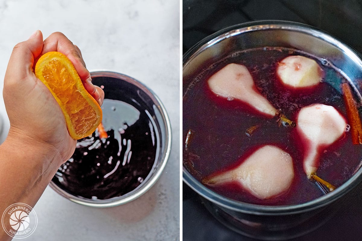 2 photo collage of Red Wine Poached Pears with orange being added to the sauce and the pears floating in the sauce.