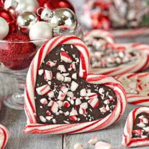 Candy Cane Hearts with chocolate on the inside, topped with crushed candy cane pieces.