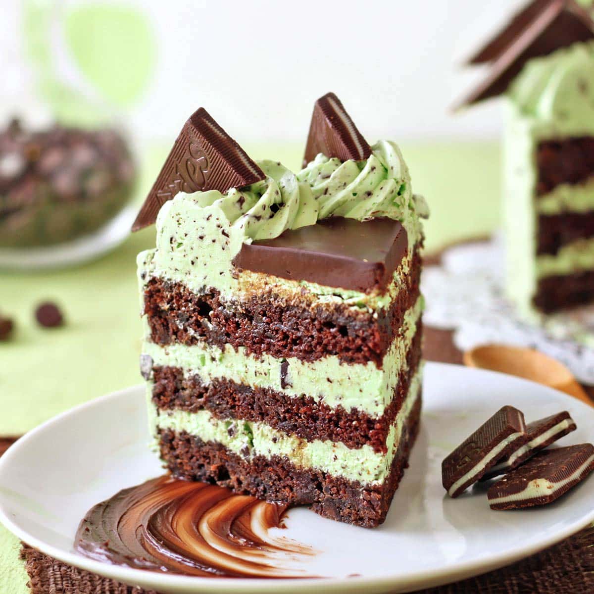 Slice of Mint Chocolate Chip Layer Cake on a white plate with chocolate ganache.