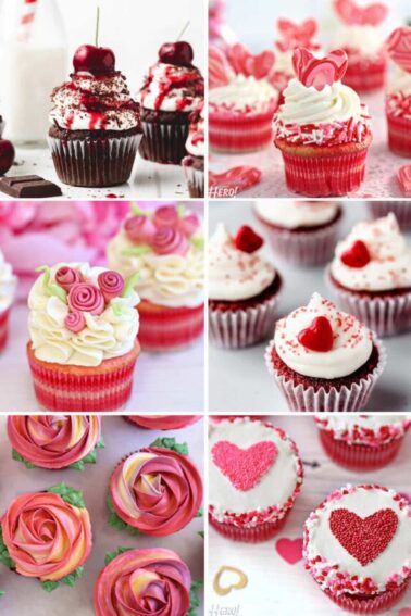6 photo collage for Valentine's Day Cupcakes.