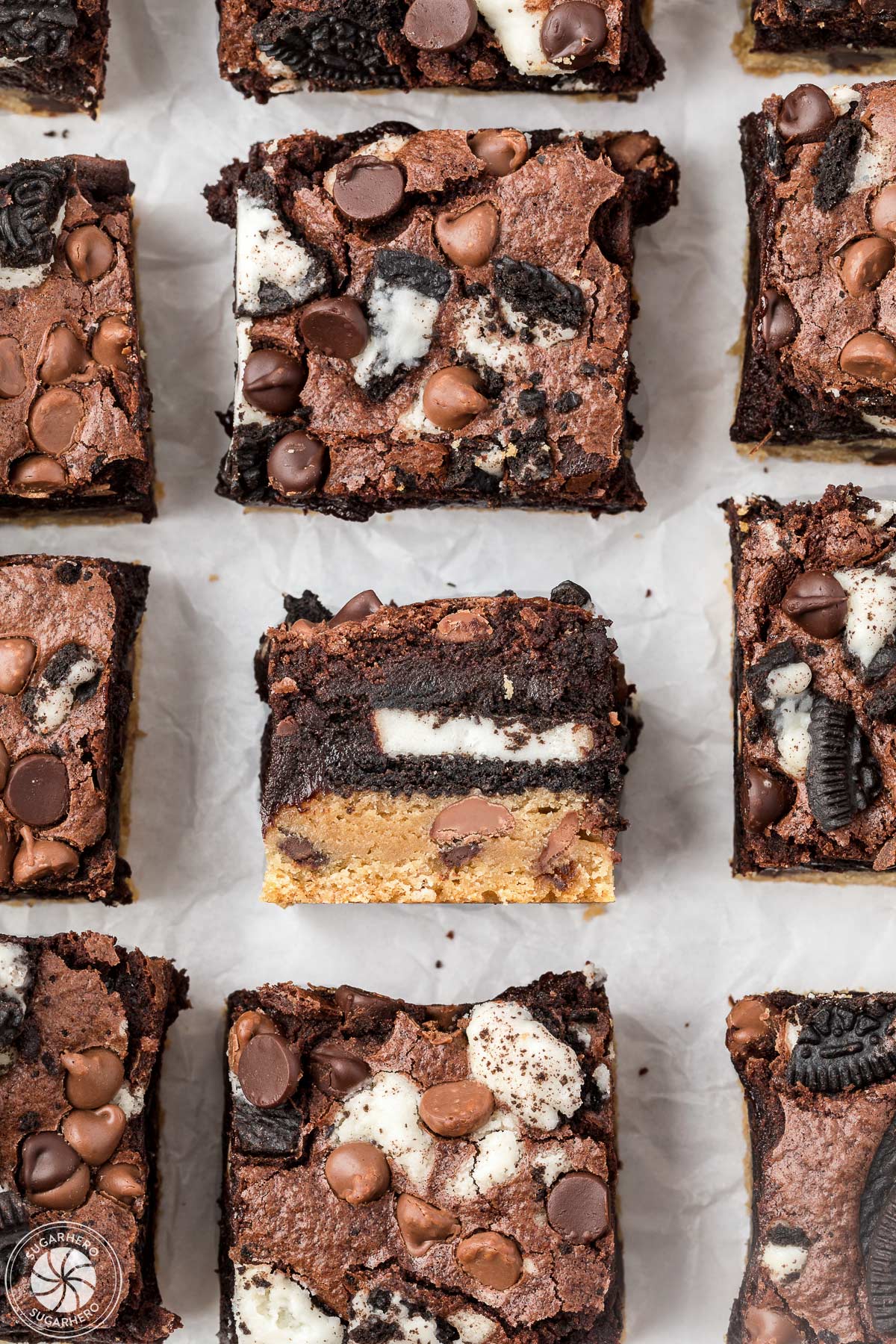 Overhead shot of Oreo Brookie cookie squares, with one turned on its side to show the layers.