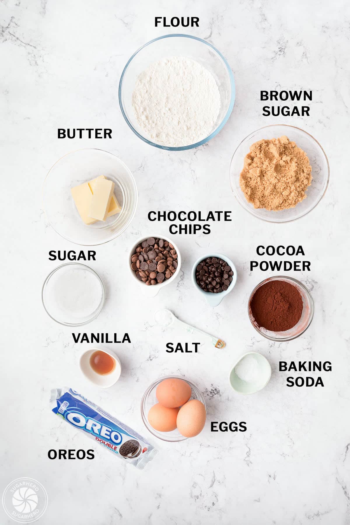 Overhead shot of ingredients needed to make Oreo Brookies.