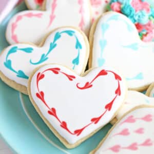 Close up of Valentine's Day Sugar Cookies with a heart outline.
