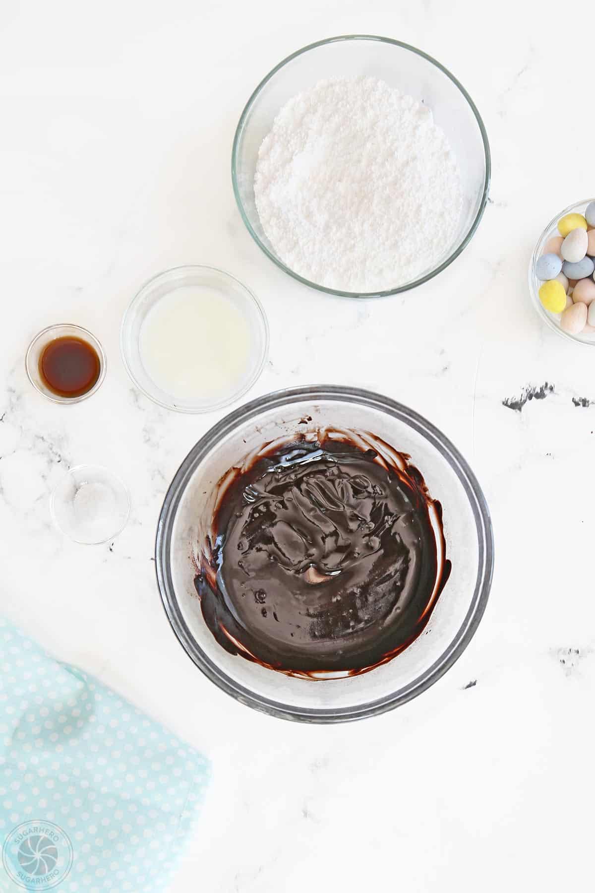 Overhead shot of ingredients ready to make chocolate frosting.