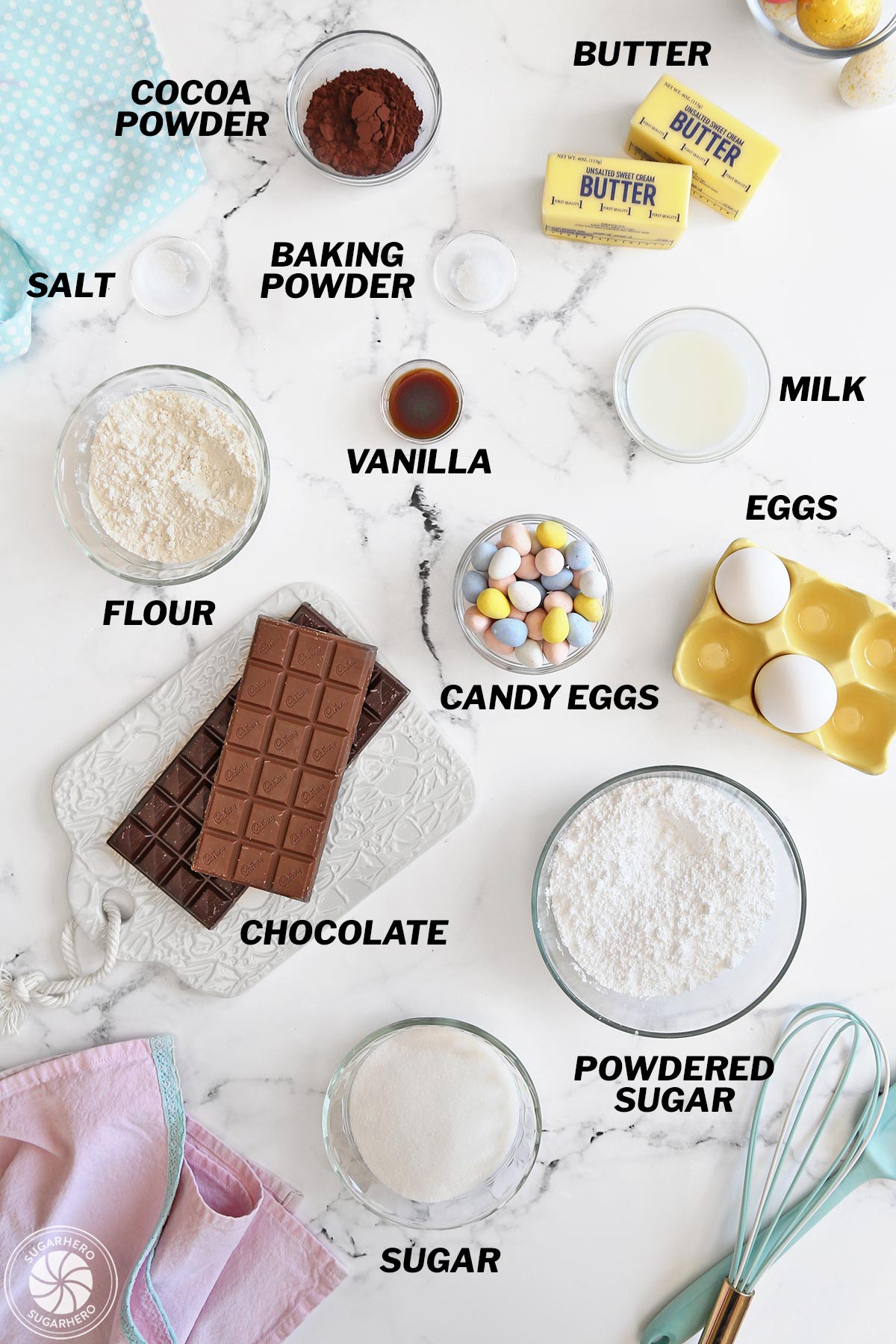 Overhead shot of all ingredients needed to make Easter Egg Brownies.