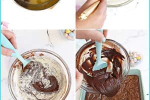 Six photo collage showing how to make brownies topped with Cadbury mini eggs.