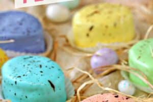 Image of Easter Egg Petit Fours with text overlay or Pinterest.