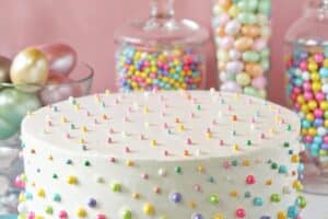 Easter Polka Dot Cake with text overlay for Pinterest.