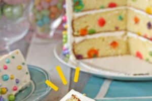Easter Polka Dot Cake with text overlay for Pinterest.