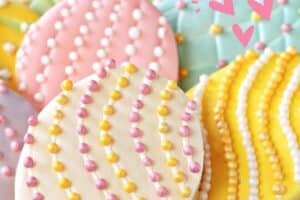 Image of Fondant Covered Easter Egg Cookies with text overlay for Pinterest.