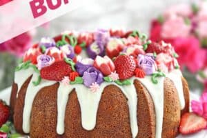 Image of Strawberry Swirl Bundt Cake with text overlay for Pinterest.