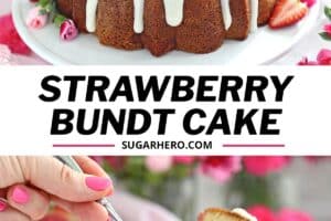 2 photo collage of Strawberry Swirl Bundt Cake with text overlay for Pinterest.