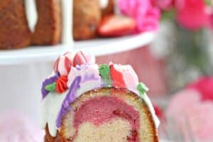 Image of Strawberry Swirl Bundt Cake with text overlay for Pinterest.