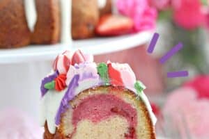 Image of Strawberry Swirl Bundt Cake with text overlay for Pinterest.