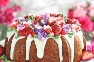 Image of Strawberry Swirl Bundt Cake with text overlay for Pinterest.