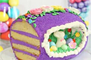 Image of Sugar Easter Egg Cake with text overlay for Pinterest.