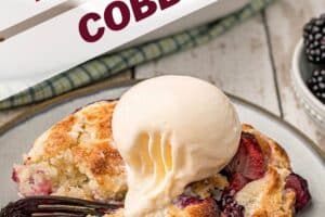 Picture of Mixed Berry Cobbler with text overlay for Pinterest.