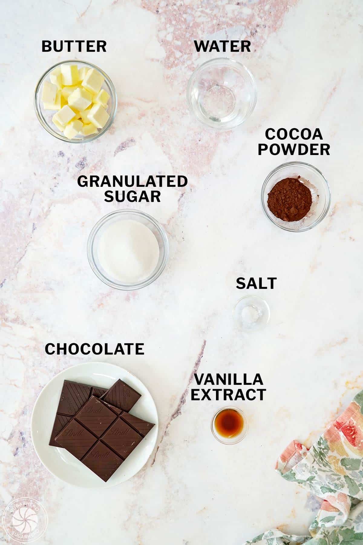 Ingredients needed to make Chocolate Spread with text labels.