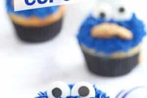 Two photo collage of Cookie Monster Cupcakes with text overlay for Pinterest.