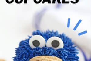 Two photo collage of Cookie Monster Cupcakes with text overlay for Pinterest.